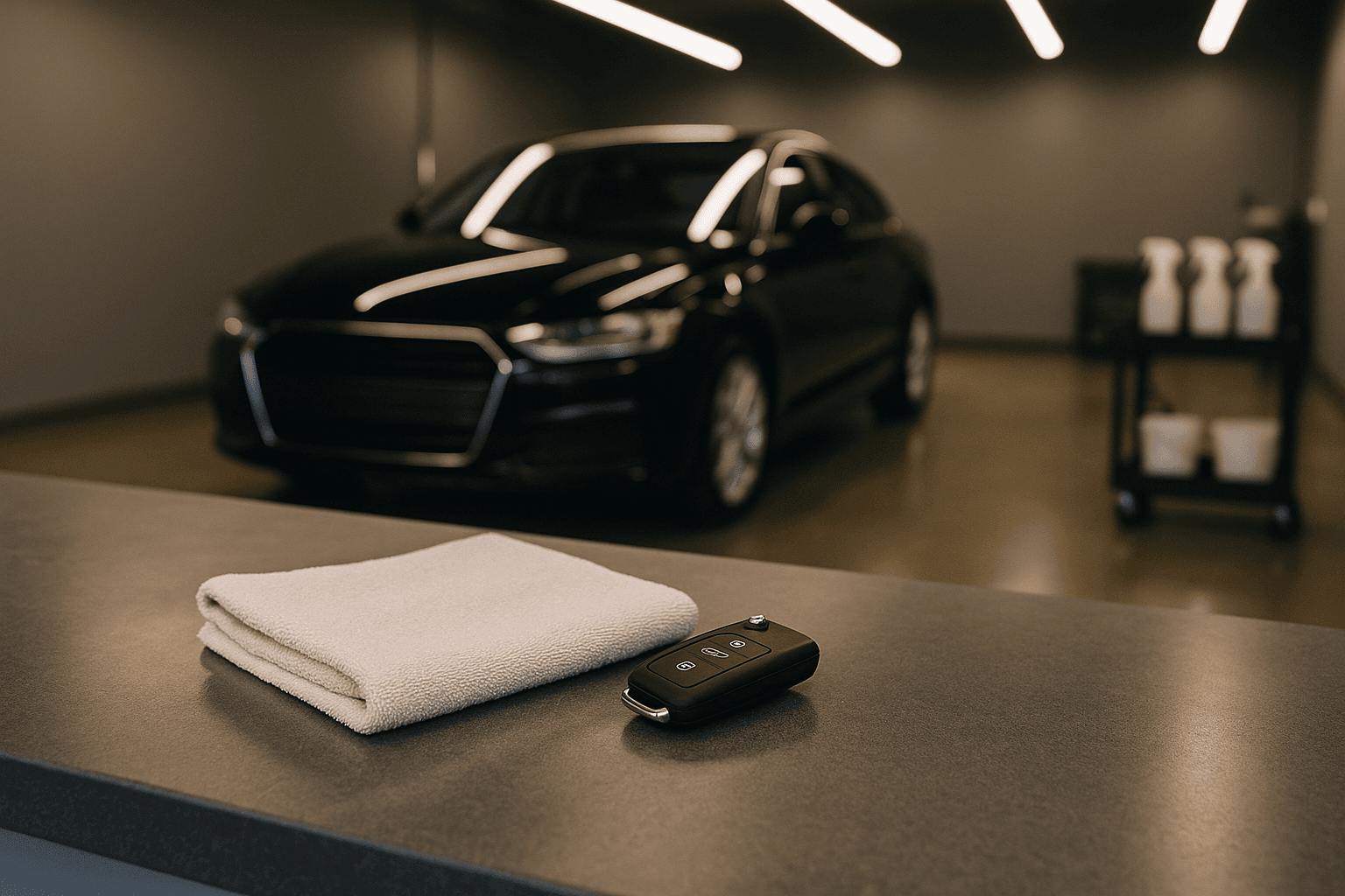 A car key and a folded microfibre cloth on a detailing studio counter, a finished car standing under the lights behind.