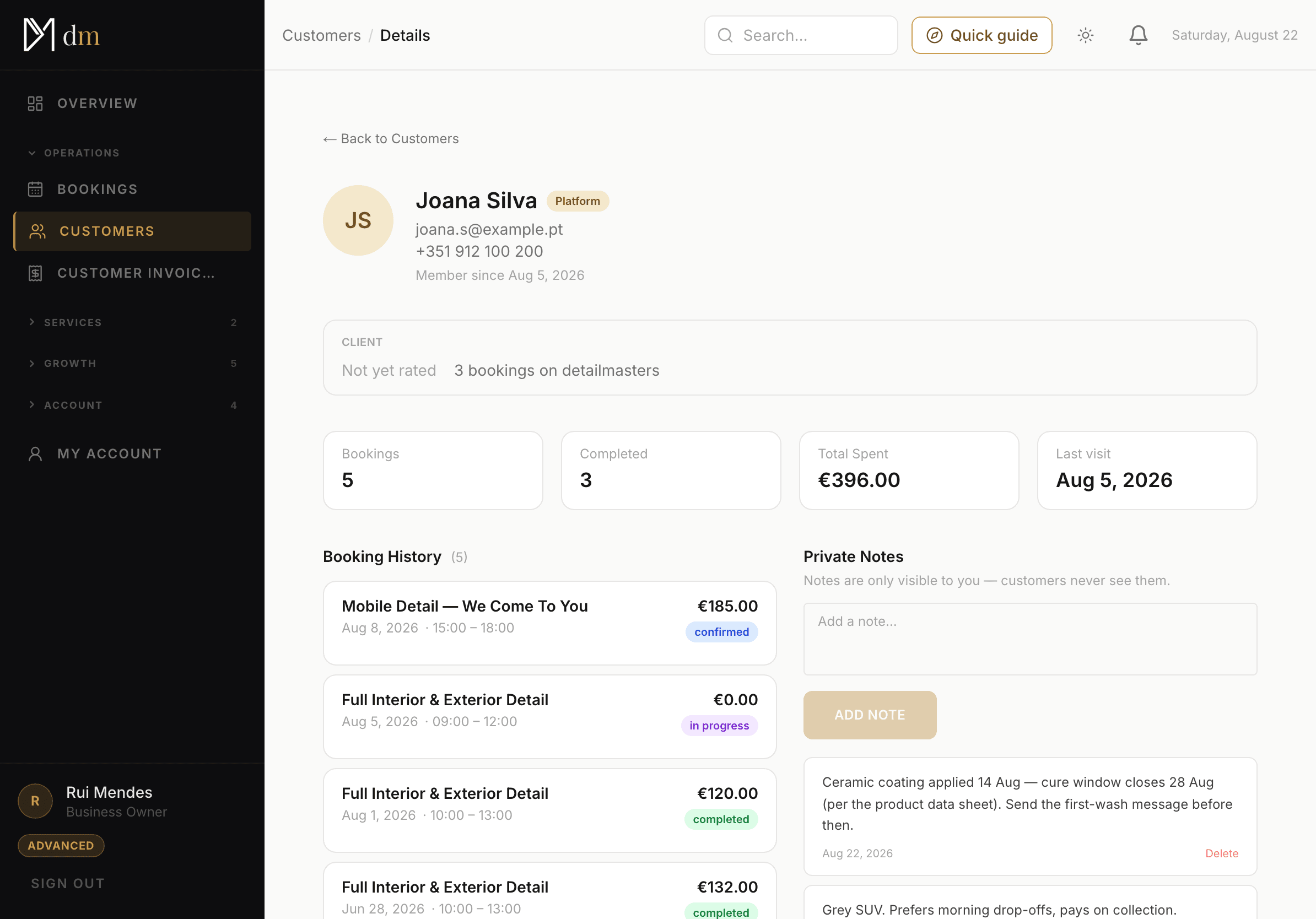 The detailmasters CRM customer profile: the studio’s private notes beside the client’s booking history.